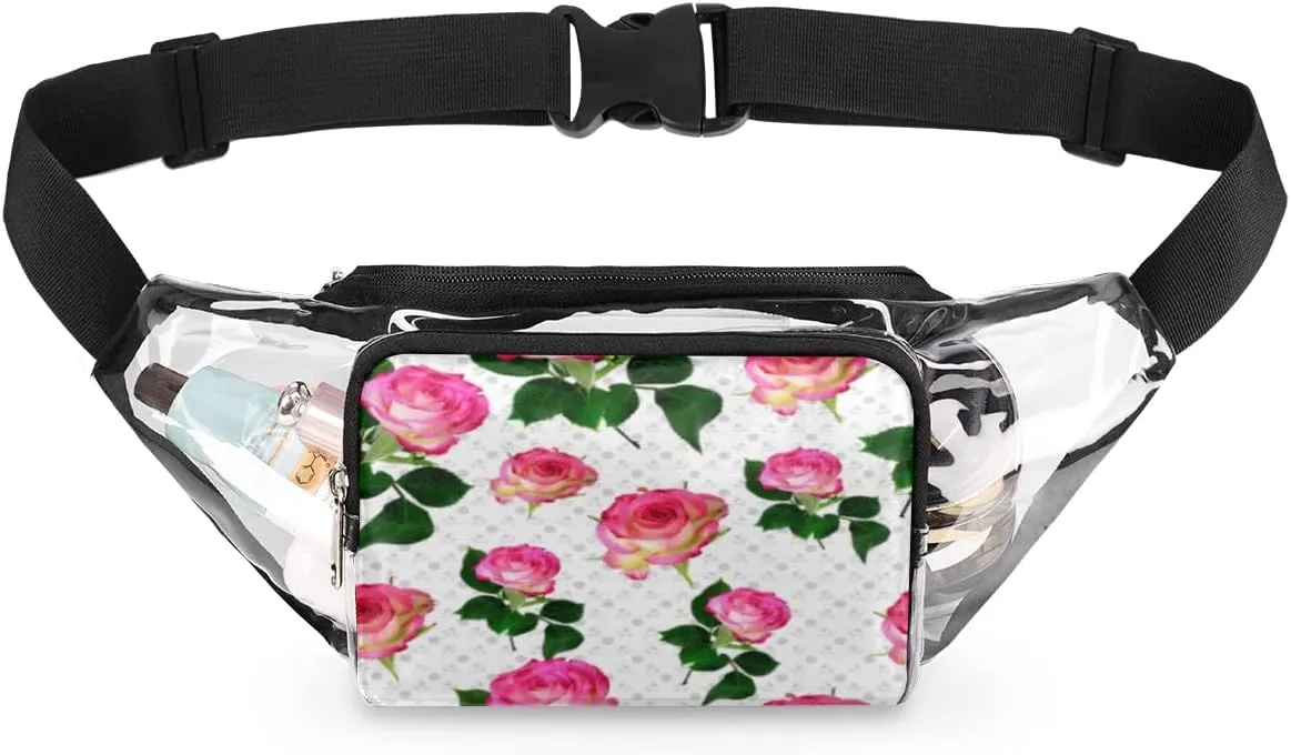 Rose Flower Clear Fanny Pack Stadium Approved Adjustable Clear Belt Bag Cute Waist Bags for Women Men Travel Sports Events Hiking Concerts