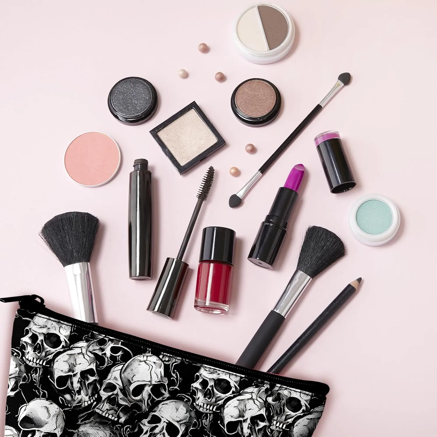 Skull Makeup Bag for Purse - Travel Bags Cool Cosmetic Bag for Women Teens Makeup Organizer Mini Zipper Pouch
