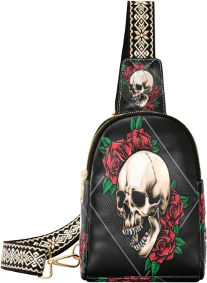 Small Sling Bag Waist Packs Leather Crossbody Packs Chest Bag Anger Skull Roses for Women Travel Belt Purse