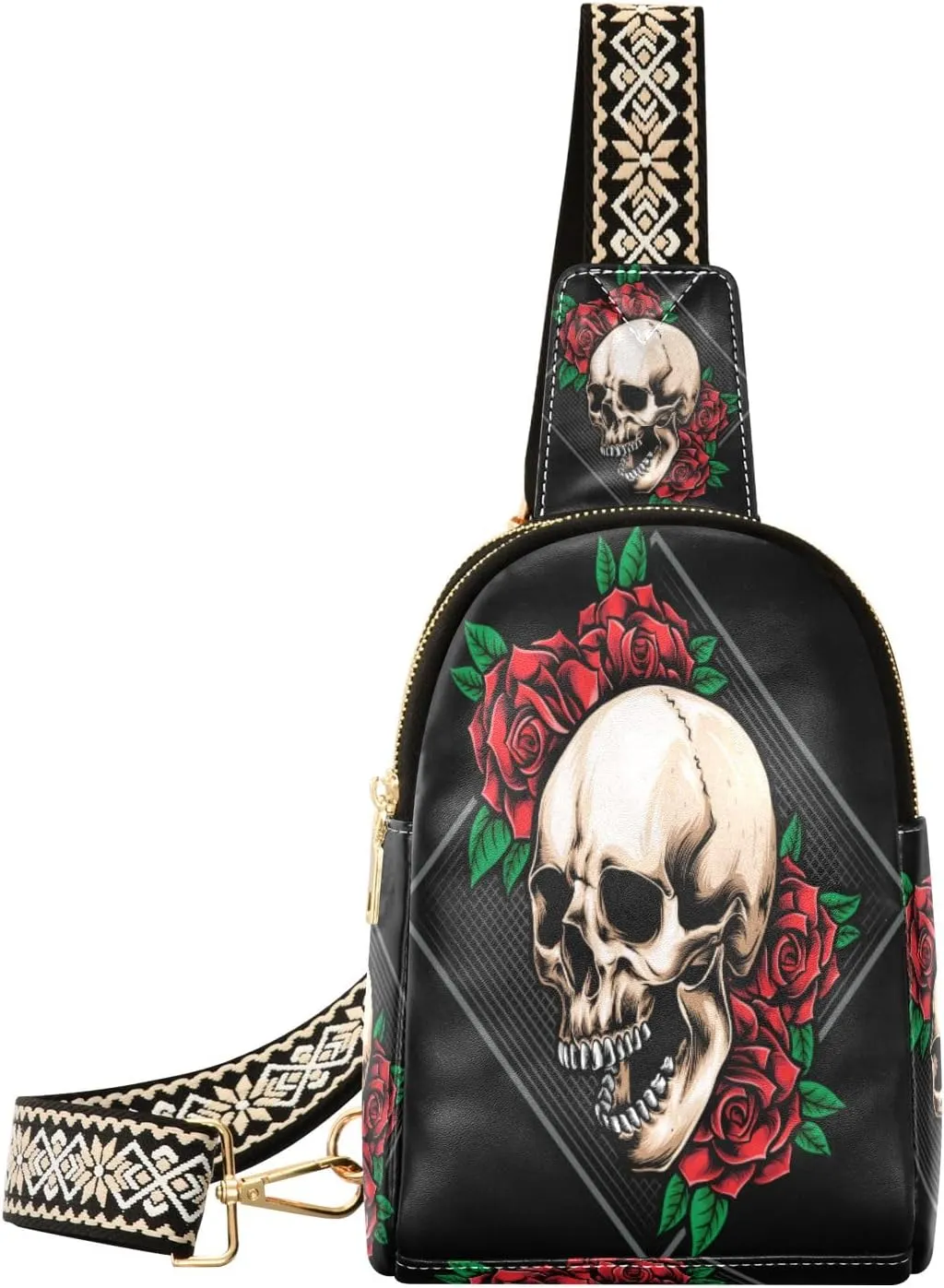 Small Sling Bag Waist Packs Leather Crossbody Packs Chest Bag Anger Skull Roses for Women Travel Belt Purse
