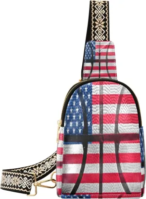 Small Sling Bag Waist Packs Leather Crossbody Packs Chest Bag Basketball Ball Usa Flag for Women Travel Belt Purse