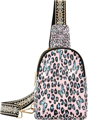 Small Sling Bag Waist Packs Leather Crossbody Packs Chest Bag Butterfly Leopard for Women Travel Belt Purse