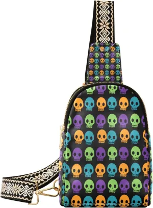 Small Sling Bag Waist Packs Leather Crossbody Packs Chest Bag Colorful Skull for Women Travel Belt Purse