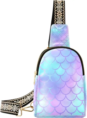 Small Sling Bag Waist Packs Leather Crossbody Packs Chest Bag Cool Blue Fish Scale for Women Travel Belt Purse