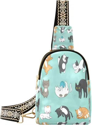 Small Sling Bag Waist Packs Leather Crossbody Packs Chest Bag Cool Doodle Abstract Cats for Women Travel Belt Purse