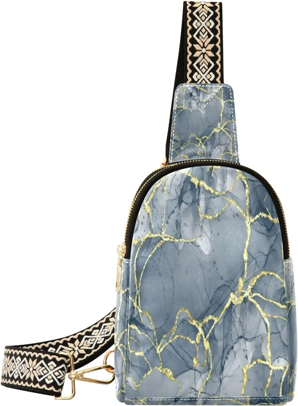 Small Sling Bag Waist Packs Leather Crossbody Packs Chest Bag Gold Line Marble for Women Travel Belt Purse