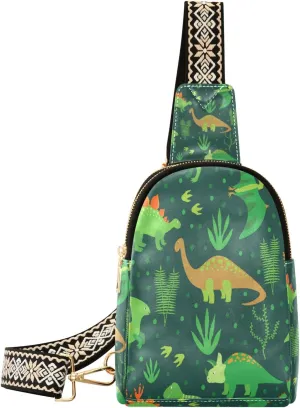Small Sling Bag Waist Packs Leather Crossbody Packs Chest Bag Green Dinosaur for Women Travel Belt Purse