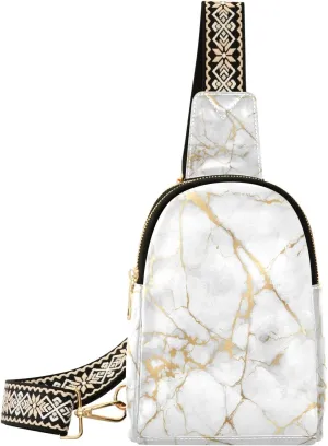 Small Sling Bag Waist Packs Leather Crossbody Packs Chest Bag Marble Stripe for Women Travel Belt Purse
