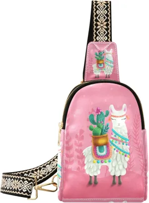 Small Sling Bag Waist Packs Leather Crossbody Packs Chest Bag Pink Pattern Cute Llama with Cactus for Women Travel Belt Purse