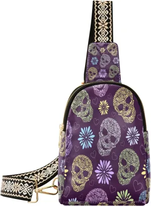 Small Sling Bag Waist Packs Leather Crossbody Packs Chest Bag Purple Skull for Women Travel Belt Purse