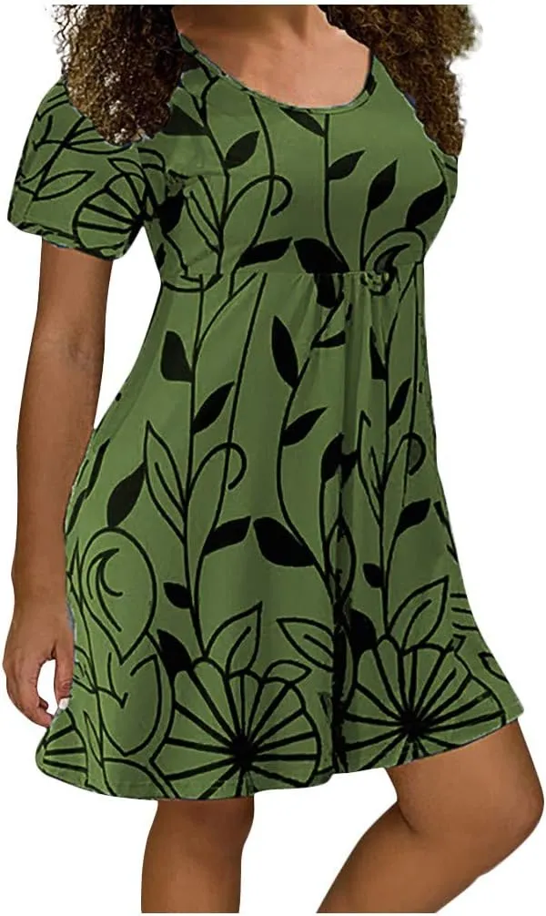 Summer Dresses for Women 2024 Casual High Waist Loose Crewneck Floral Sundress Short Sleeve Flowy Ruffle Mini Dress