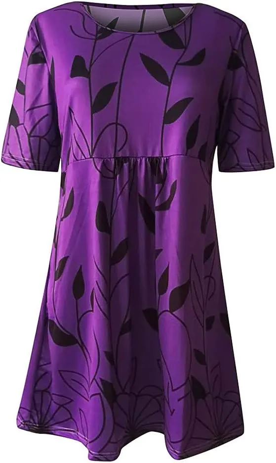 Summer Dresses for Women 2024 Casual High Waist Loose Crewneck Floral Sundress Short Sleeve Flowy Ruffle Mini Dress