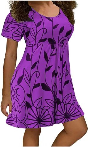 Summer Dresses for Women 2024 Casual High Waist Loose Crewneck Floral Sundress Short Sleeve Flowy Ruffle Mini Dress
