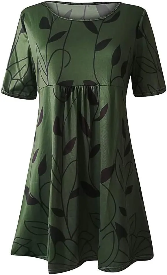 Summer Dresses for Women 2024 Casual High Waist Loose Crewneck Floral Sundress Short Sleeve Flowy Ruffle Mini Dress