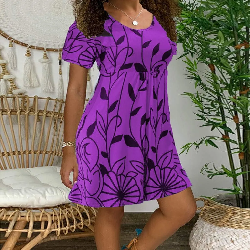 Summer Dresses for Women 2024 Casual High Waist Loose Crewneck Floral Sundress Short Sleeve Flowy Ruffle Mini Dress