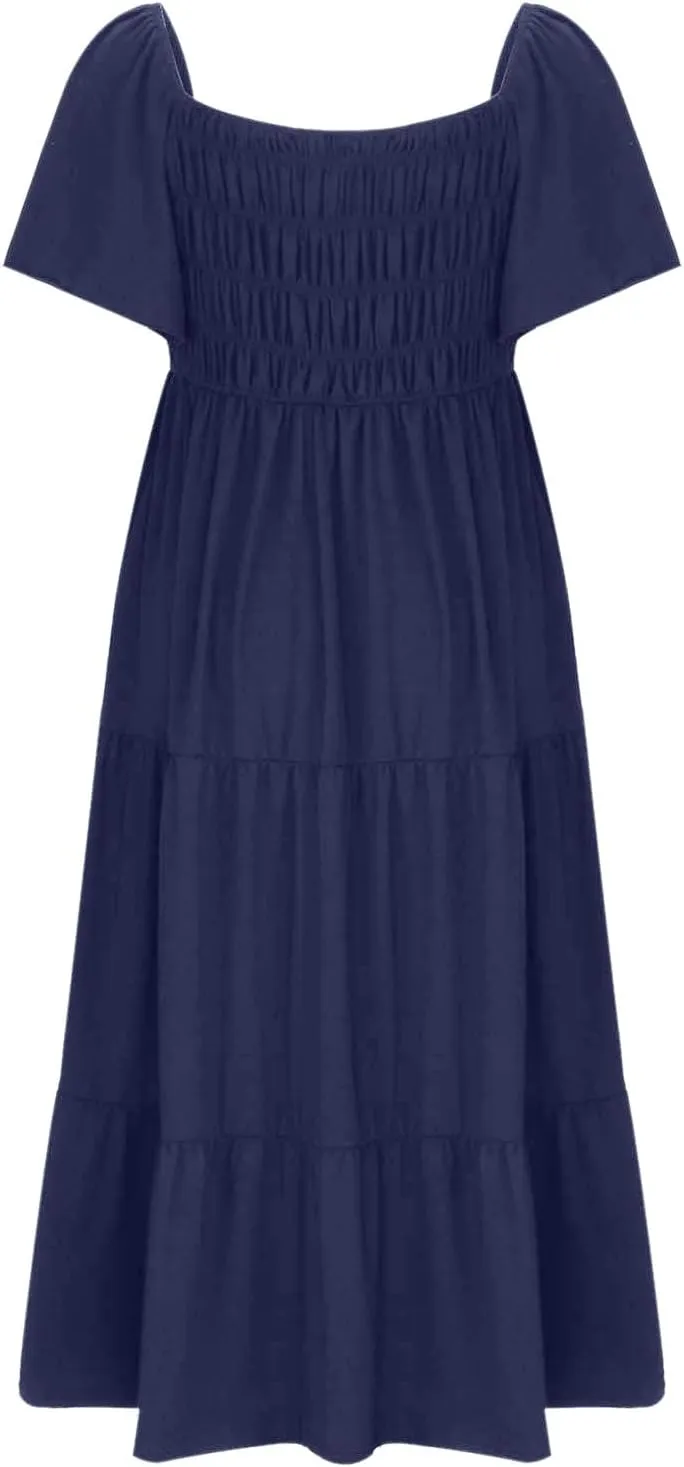 Summer Dresses for Women 2024 Casual Ruffle Short Sleeve Dressy Smocked Empire Waist Beach A-Line Maxi Sundress