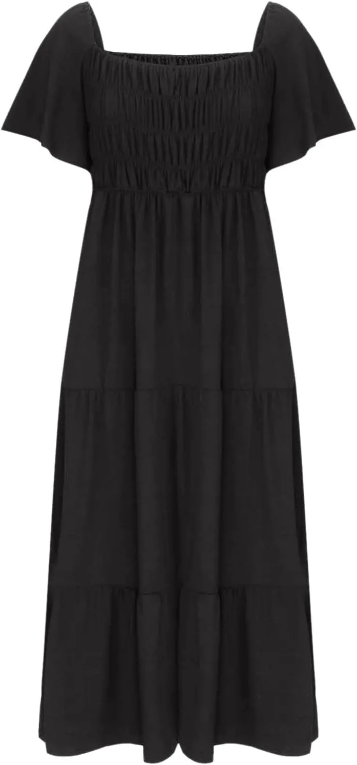 Summer Dresses for Women 2024 Casual Ruffle Short Sleeve Dressy Smocked Empire Waist Beach A-Line Maxi Sundress