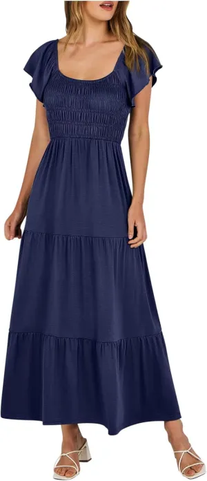 Summer Dresses for Women 2024 Casual Ruffle Short Sleeve Dressy Smocked Empire Waist Beach A-Line Maxi Sundress