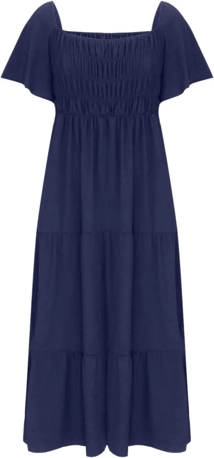 Summer Dresses for Women 2024 Casual Ruffle Short Sleeve Dressy Smocked Empire Waist Beach A-Line Maxi Sundress