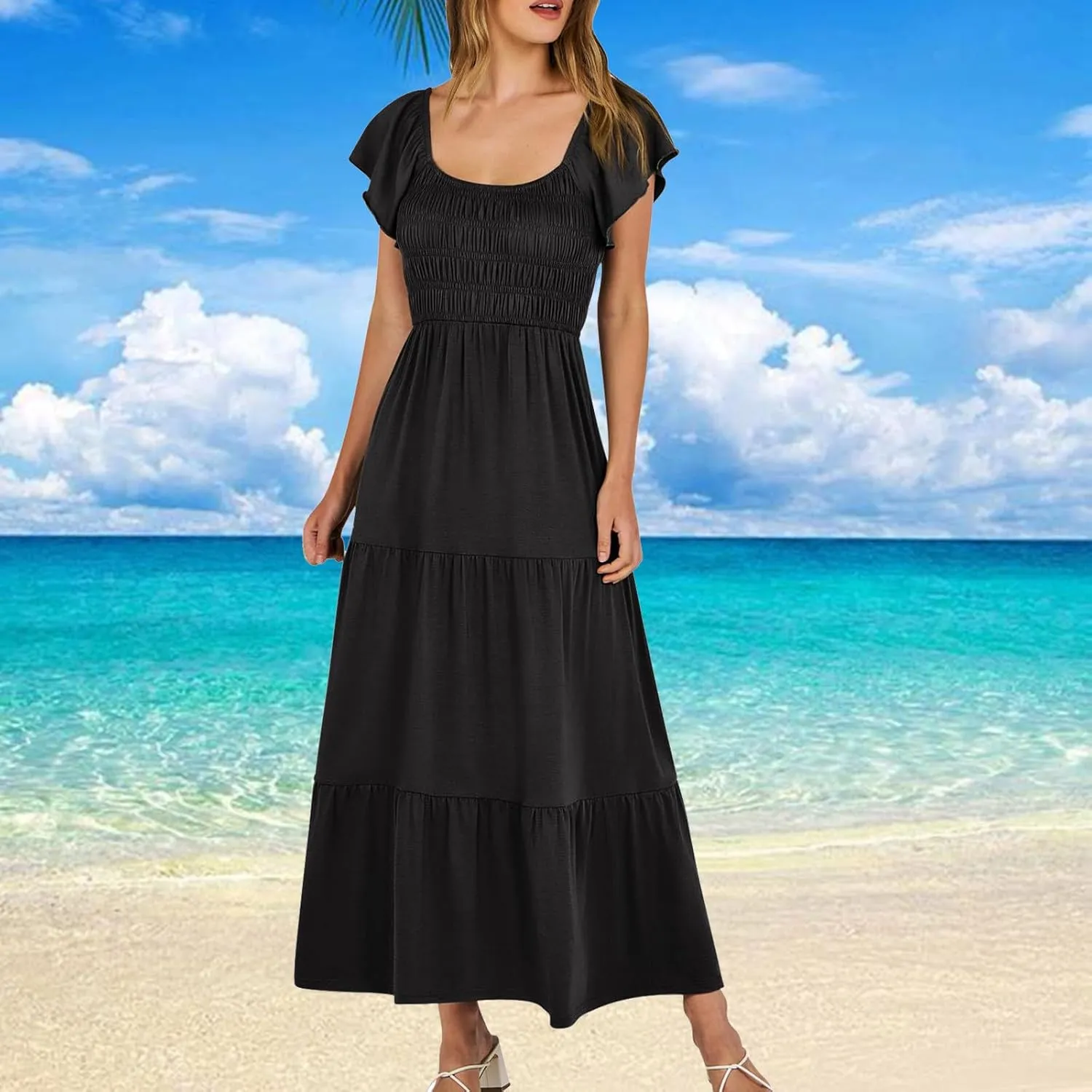 Summer Dresses for Women 2024 Casual Ruffle Short Sleeve Dressy Smocked Empire Waist Beach A-Line Maxi Sundress