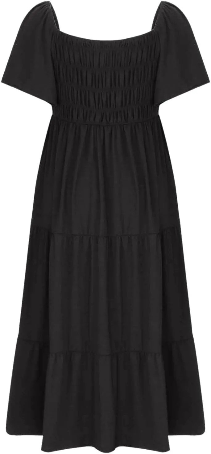 Summer Dresses for Women 2024 Casual Ruffle Short Sleeve Dressy Smocked Empire Waist Beach A-Line Maxi Sundress