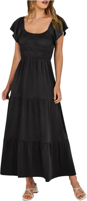 Summer Dresses for Women 2024 Casual Ruffle Short Sleeve Dressy Smocked Empire Waist Beach A-Line Maxi Sundress