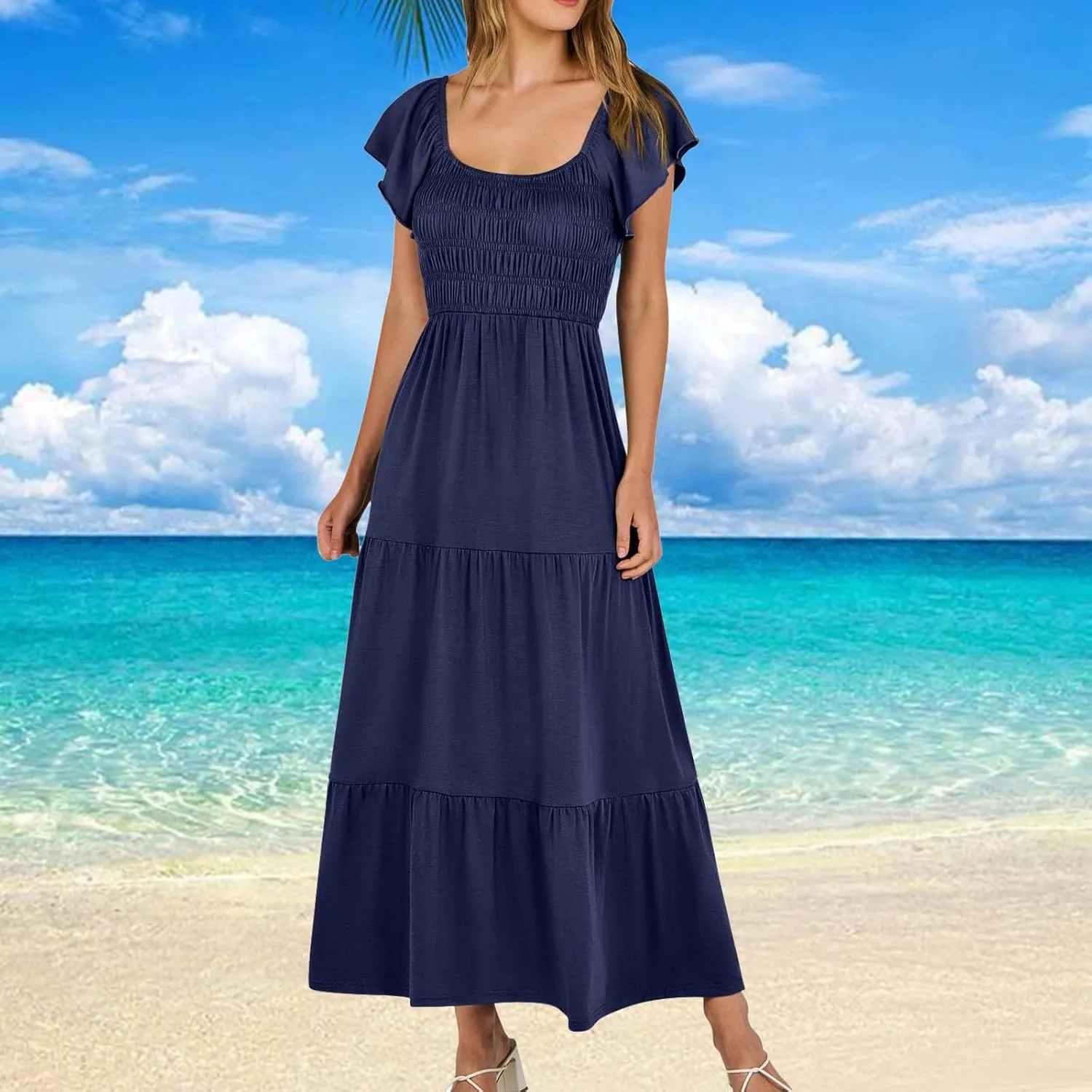 Summer Dresses for Women 2024 Casual Ruffle Short Sleeve Dressy Smocked Empire Waist Beach A-Line Maxi Sundress