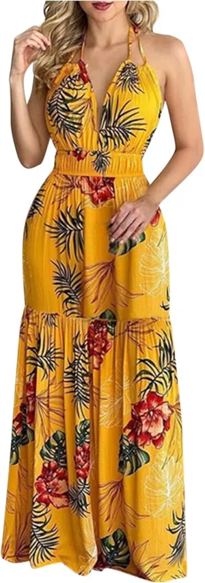 Summer Dresses for Women 2024 Fashion Sexy Floral Tropical Beach Halter Sundress Hawaiian Backless Long Maxi Dress