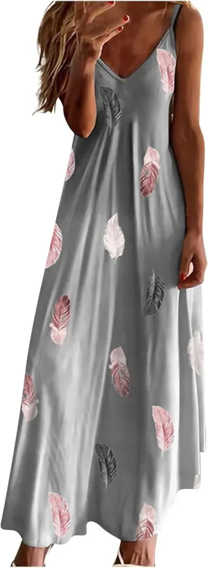 Summer Dresses for Womens 2024 Trendy Flowy V Neck Sleeveless Maxi Dress Casual Loose Fit Dress Long Beach Sundress