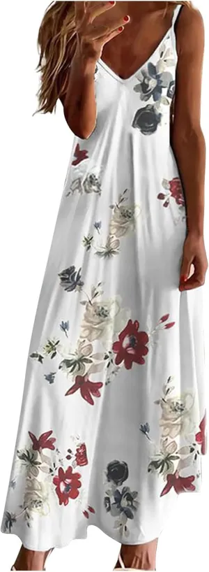 Summer Dresses for Womens 2024 Trendy Flowy V Neck Sleeveless Maxi Dress Casual Loose Fit Dress Long Beach Sundress