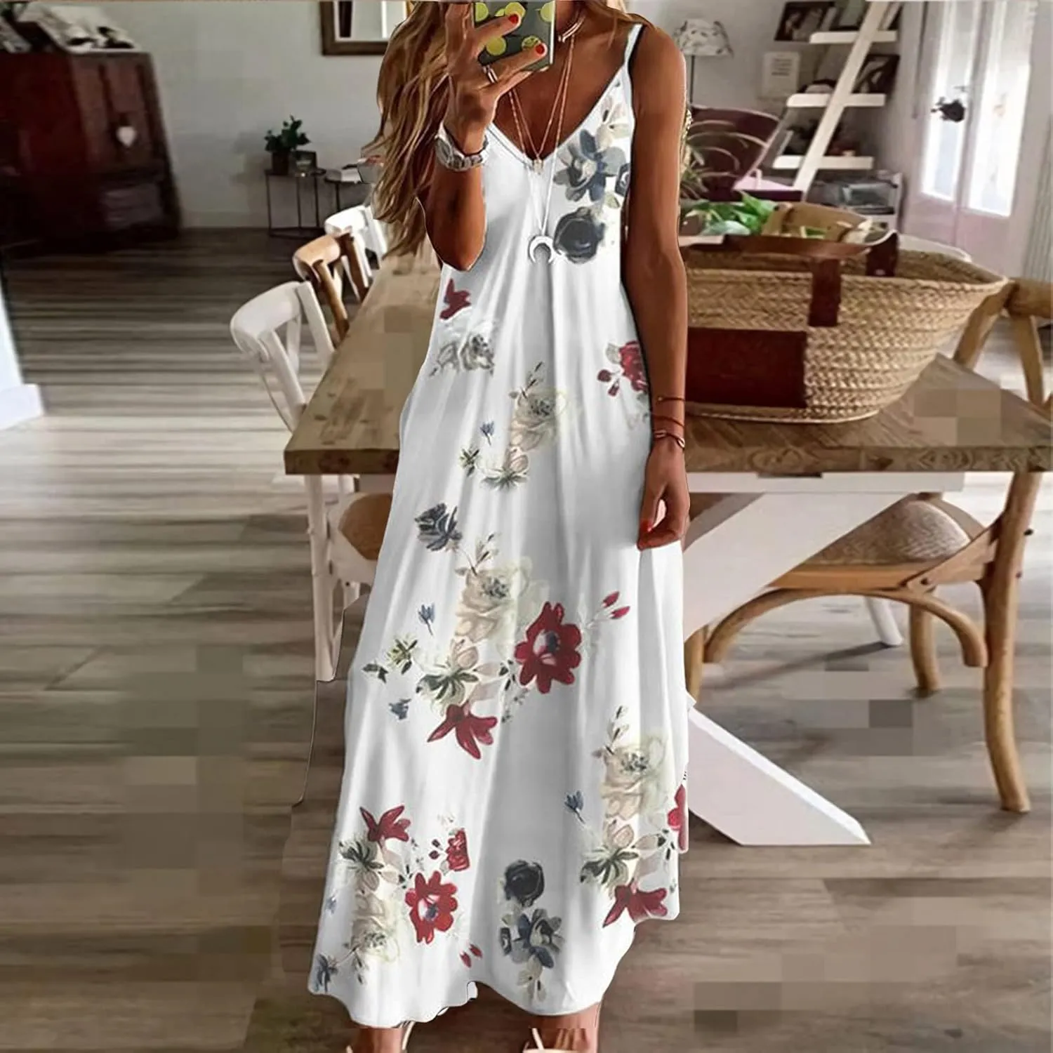 Summer Dresses for Womens 2024 Trendy Flowy V Neck Sleeveless Maxi Dress Casual Loose Fit Dress Long Beach Sundress