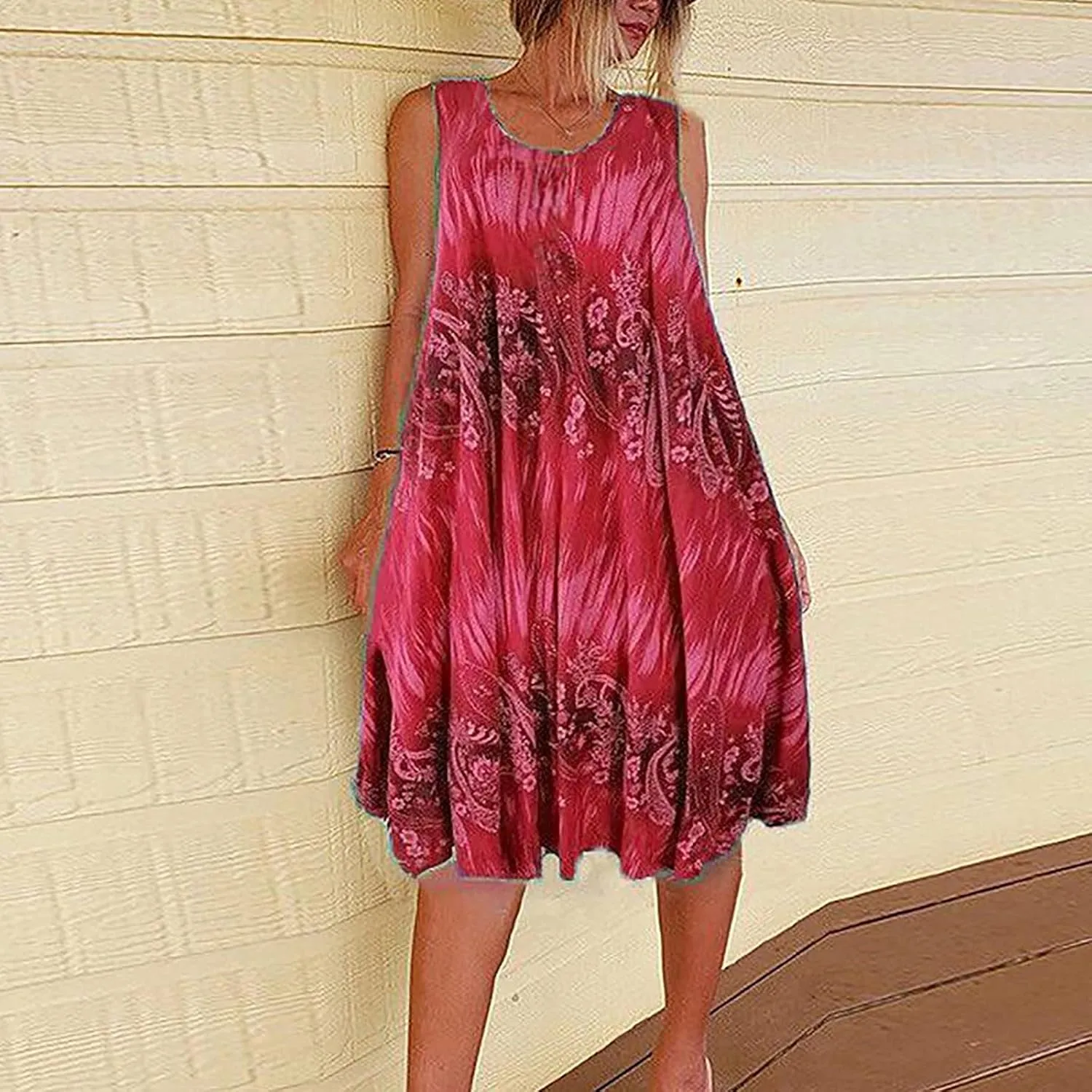 Summer Dresses for Womens Fashion Floral Flowy Swing Knee Length Sundress Sleeveless A-Line Crewneck Midi Tank Dress
