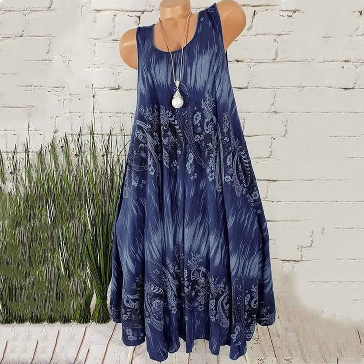 Summer Dresses for Womens Fashion Floral Flowy Swing Knee Length Sundress Sleeveless A-Line Crewneck Midi Tank Dress