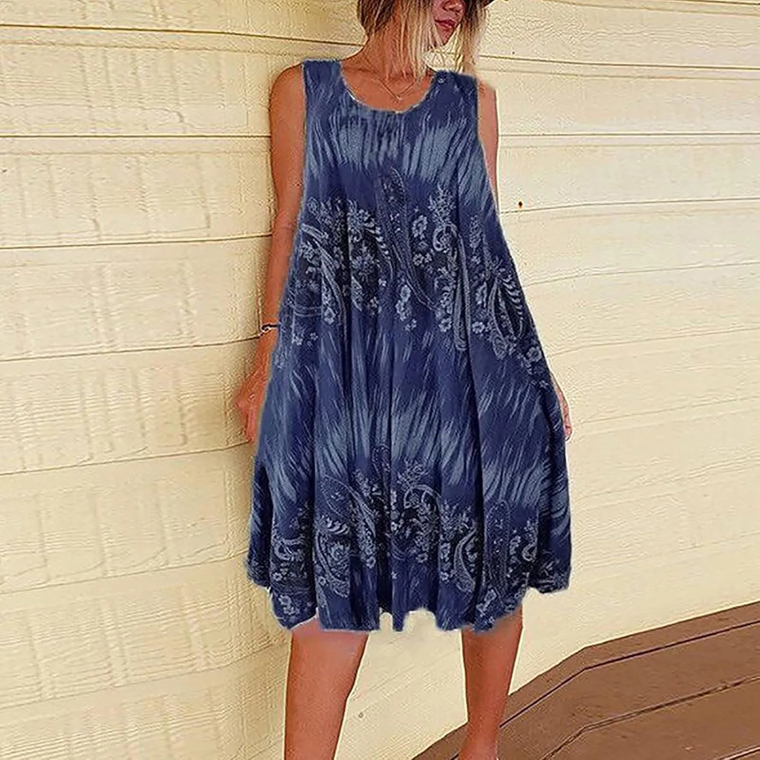 Summer Dresses for Womens Fashion Floral Flowy Swing Knee Length Sundress Sleeveless A-Line Crewneck Midi Tank Dress