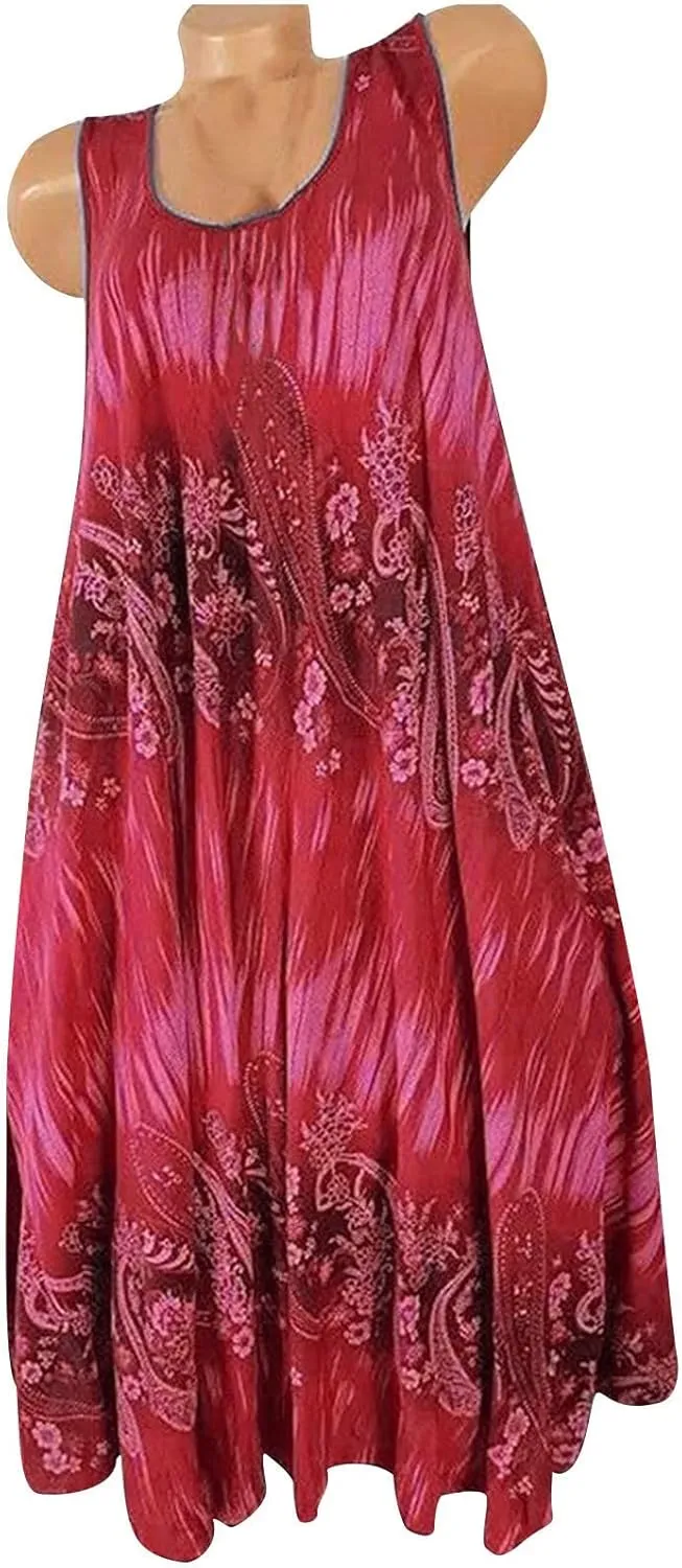 Summer Dresses for Womens Fashion Floral Flowy Swing Knee Length Sundress Sleeveless A-Line Crewneck Midi Tank Dress