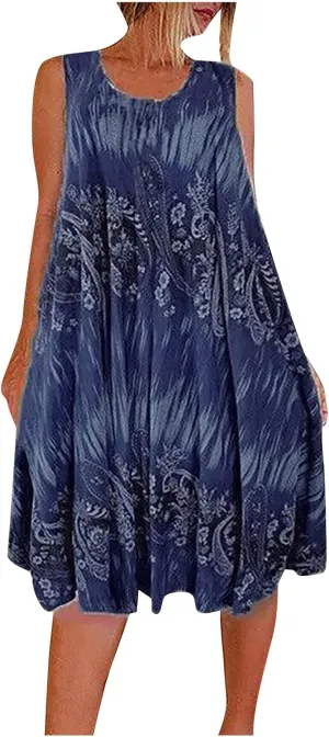 Summer Dresses for Womens Fashion Floral Flowy Swing Knee Length Sundress Sleeveless A-Line Crewneck Midi Tank Dress