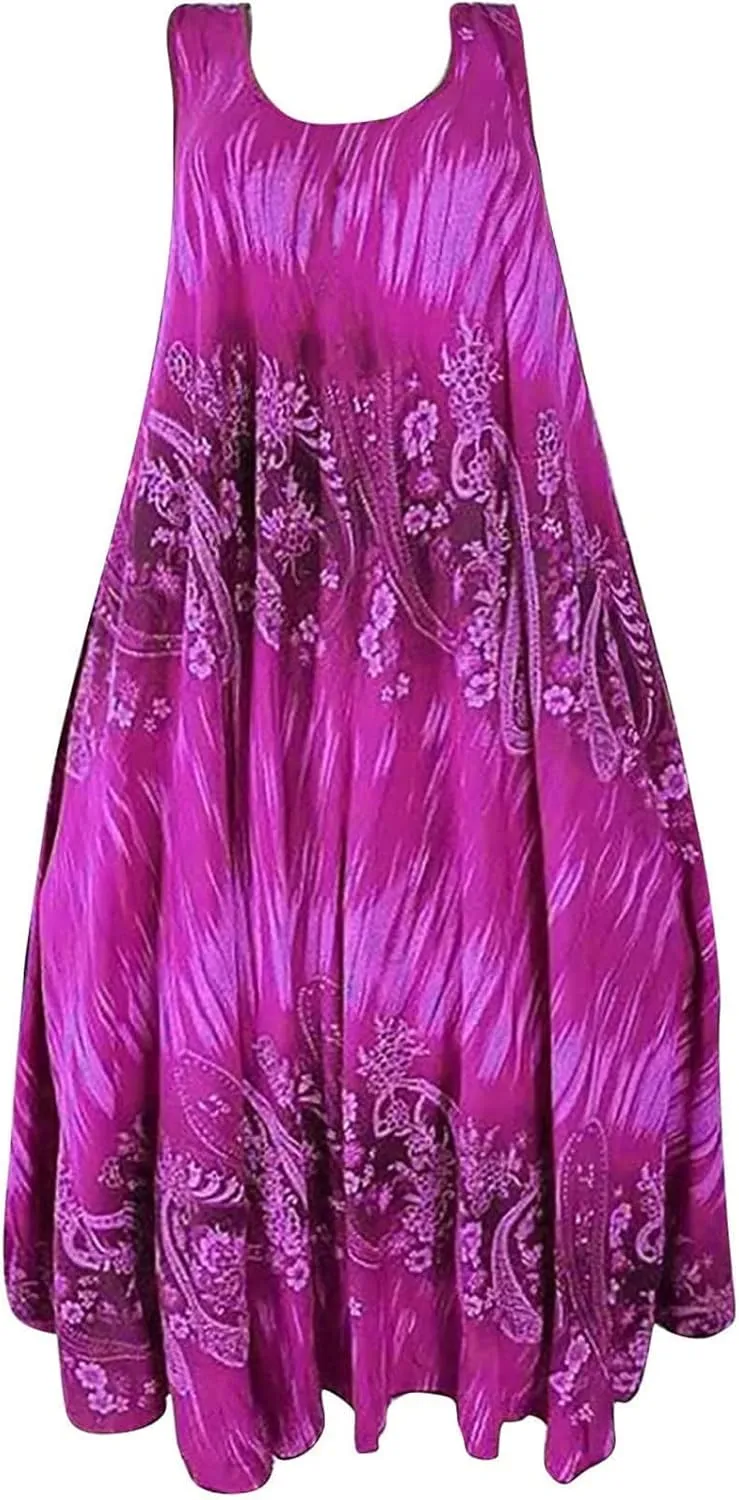 Summer Dresses for Womens Fashion Floral Flowy Swing Knee Length Sundress Sleeveless A-Line Crewneck Midi Tank Dress