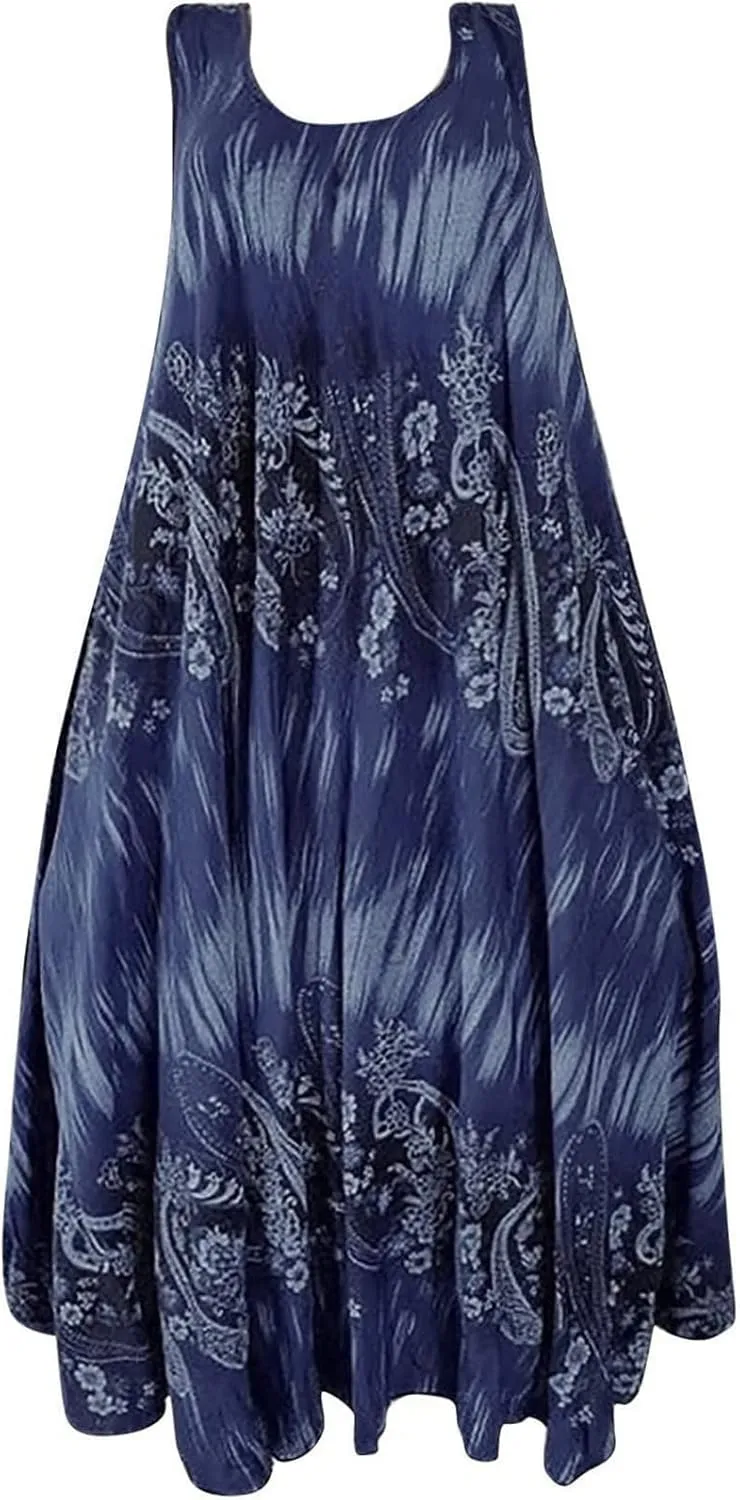 Summer Dresses for Womens Fashion Floral Flowy Swing Knee Length Sundress Sleeveless A-Line Crewneck Midi Tank Dress