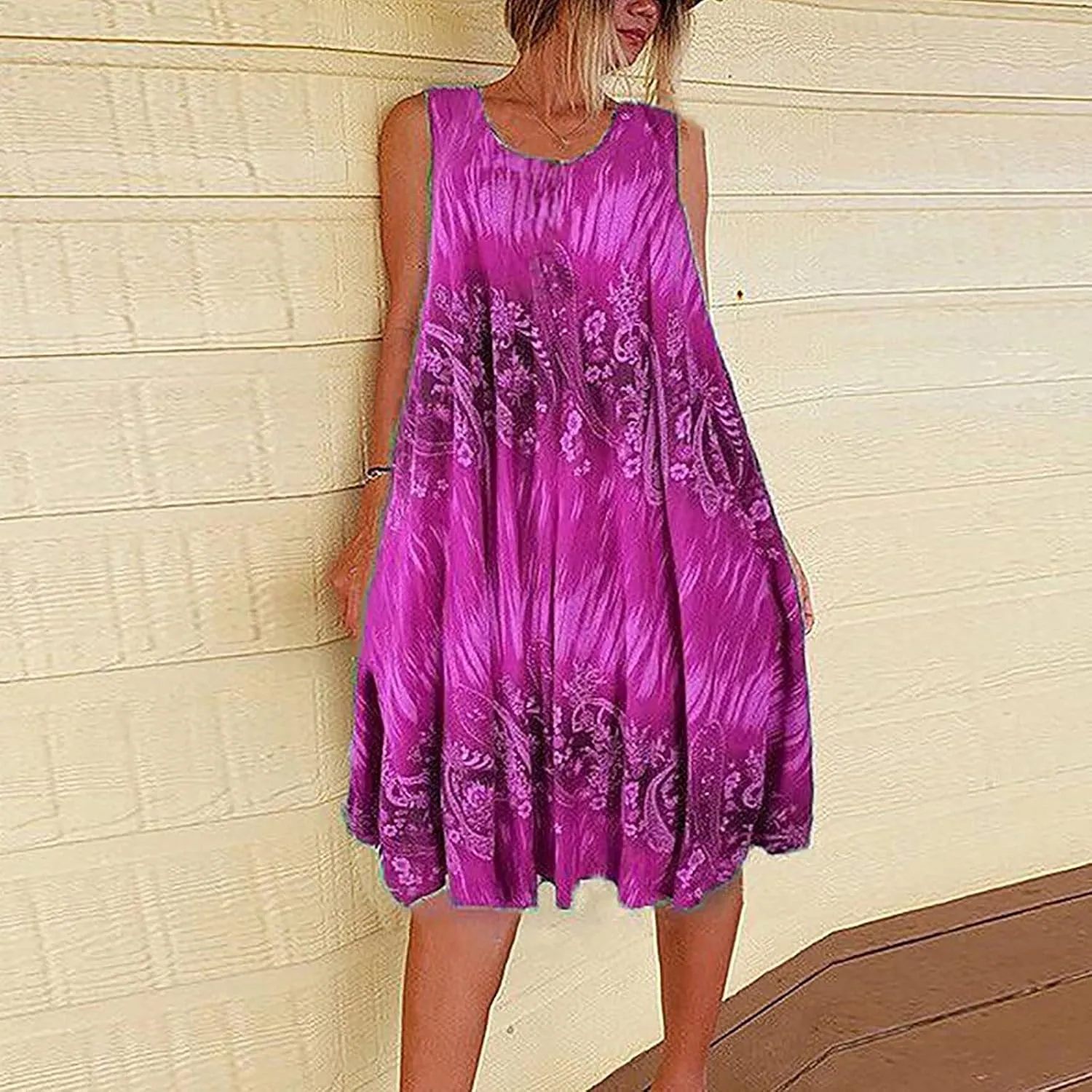 Summer Dresses for Womens Fashion Floral Flowy Swing Knee Length Sundress Sleeveless A-Line Crewneck Midi Tank Dress