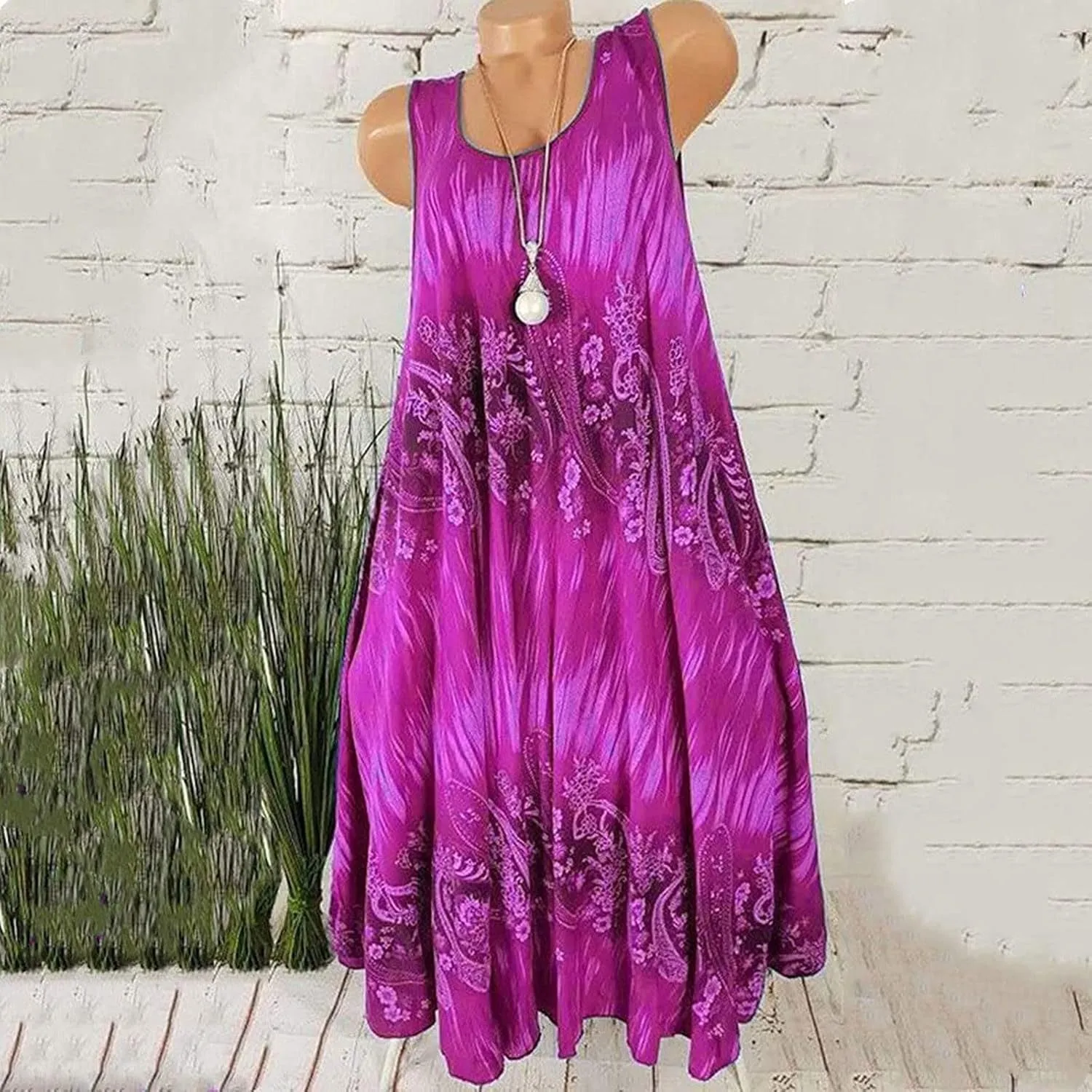 Summer Dresses for Womens Fashion Floral Flowy Swing Knee Length Sundress Sleeveless A-Line Crewneck Midi Tank Dress