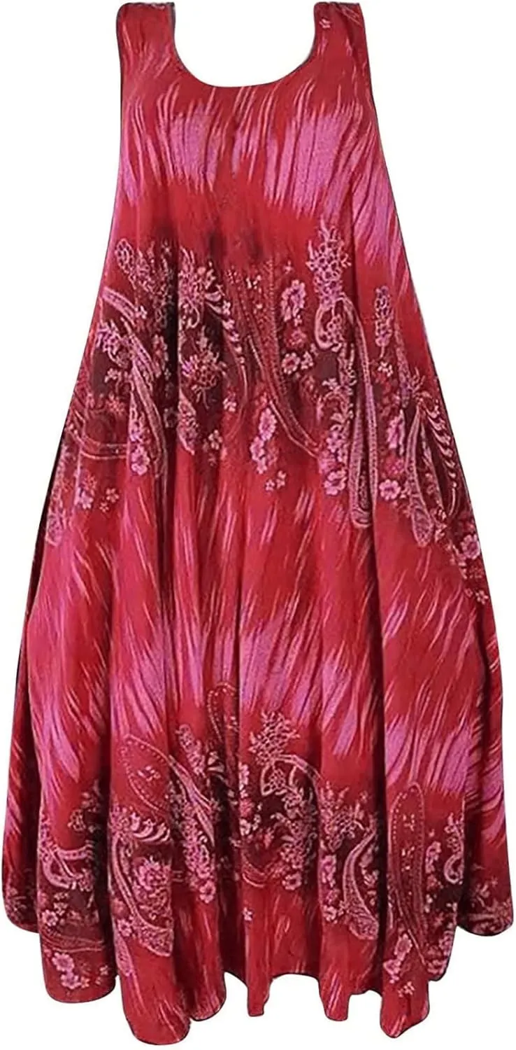 Summer Dresses for Womens Fashion Floral Flowy Swing Knee Length Sundress Sleeveless A-Line Crewneck Midi Tank Dress