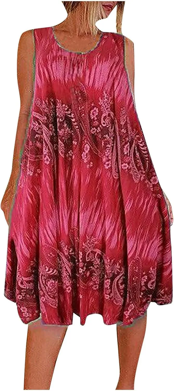 Summer Dresses for Womens Fashion Floral Flowy Swing Knee Length Sundress Sleeveless A-Line Crewneck Midi Tank Dress