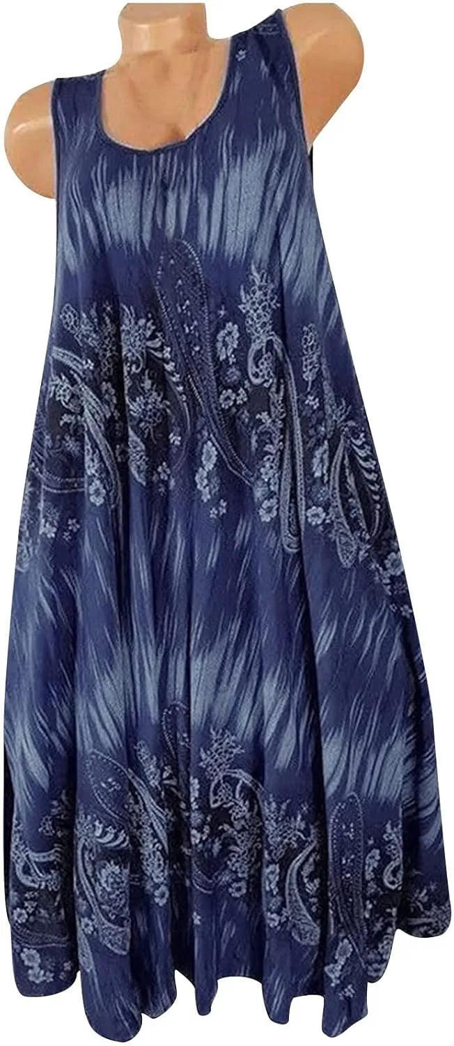 Summer Dresses for Womens Fashion Floral Flowy Swing Knee Length Sundress Sleeveless A-Line Crewneck Midi Tank Dress