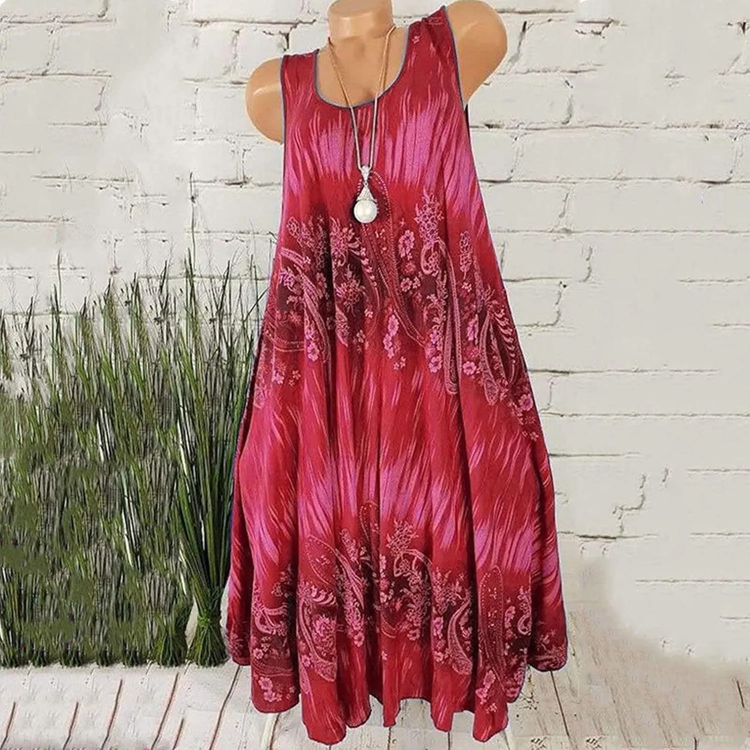 Summer Dresses for Womens Fashion Floral Flowy Swing Knee Length Sundress Sleeveless A-Line Crewneck Midi Tank Dress