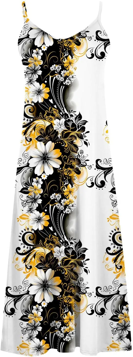 Sun Dresses for Women 2024 Summer Fashion Casual Sleeveless Boho Floral Maxi Sundress Spaghetti Strap Beach Dress