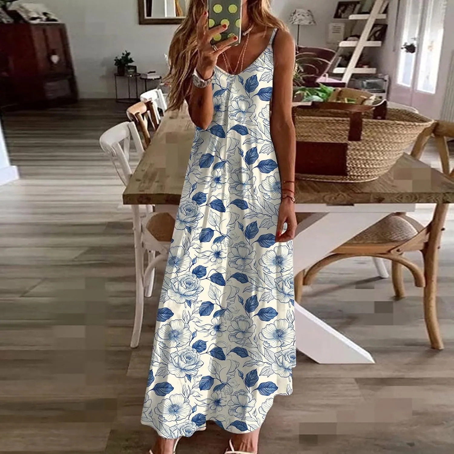 Sun Dresses for Women 2024 Summer Fashion Casual Sleeveless Boho Floral Maxi Sundress Spaghetti Strap Beach Dress