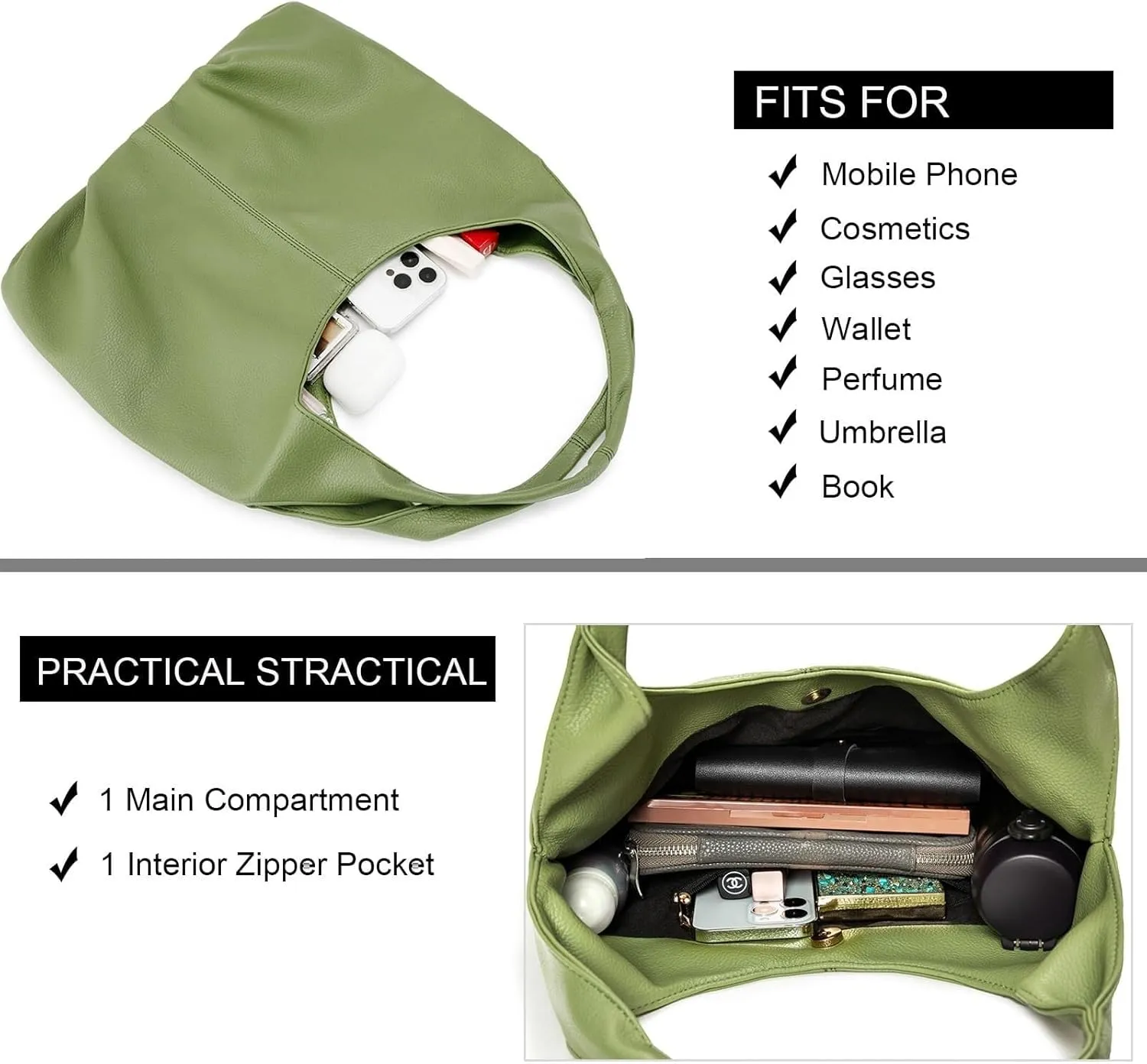 Sustainable Hobo Handbag Women's Retro Vegan Leather Shoulder Purse with Tote Function