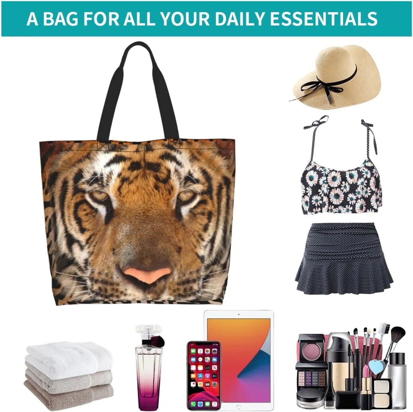 Tiger Shoulder Bag Cool Tiger Bags Storage Handle Shopping Bag Portable Animal Bag