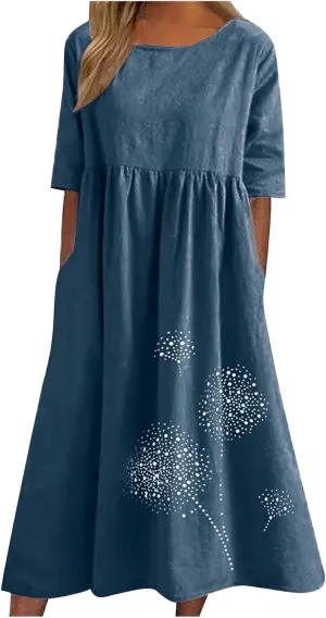 Tshirt Dress for Women 2024 Summer Fashion Casual Plus Size Midi Dress Boho Floral Flowy Long Sundress with Pockets