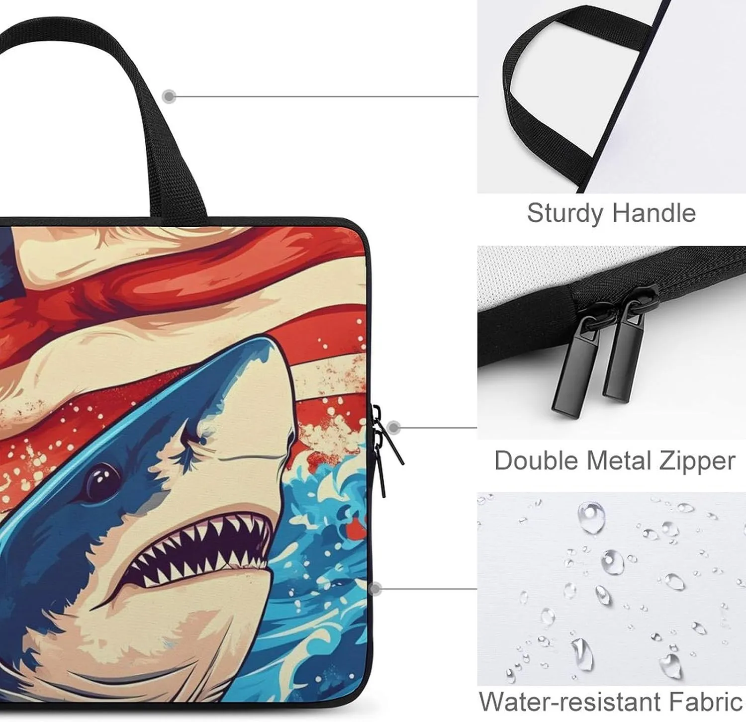 U.S.A Flag Shark Palm Trees Laptop Sleeve Bag Computer Carrying Case Laptops Protective Cover for Travel Business